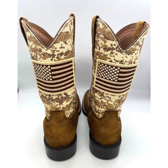 Ariat Men\'s Sport Patriot Western Boots Leather & Camo Canvas & Flag Size 10.5